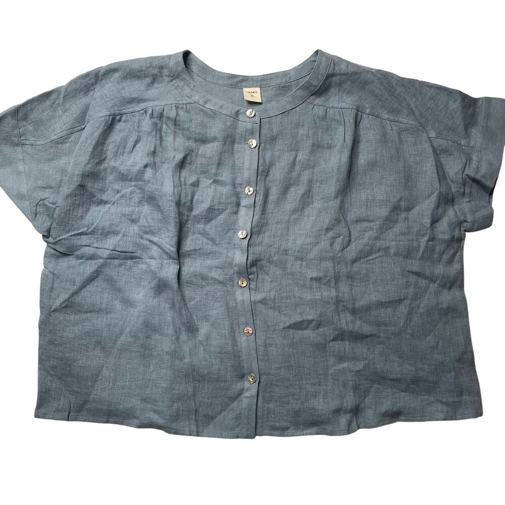 Lintico Blue Button Front Short Sleeve Linen Top Medium Casual Lightweight